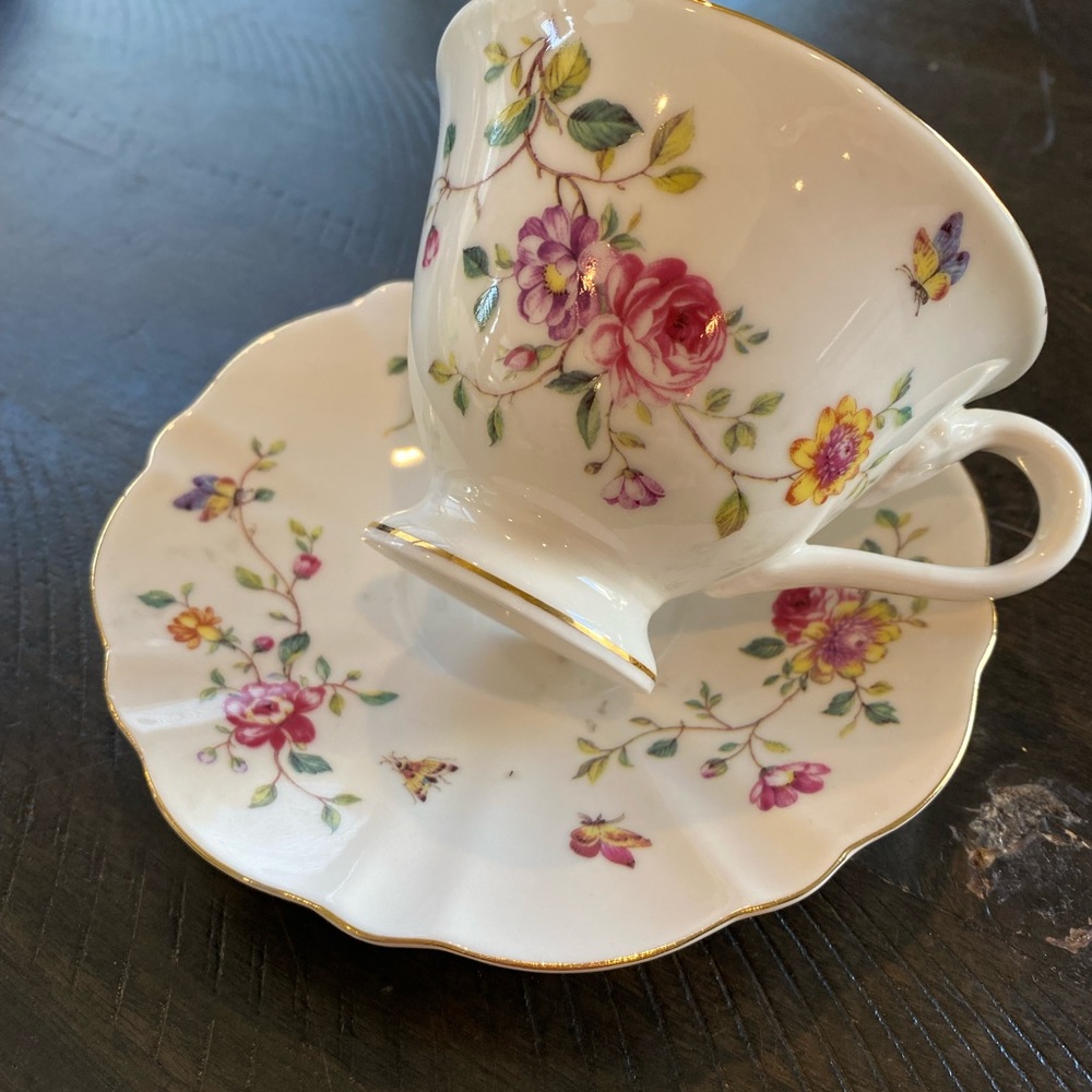 Footed Tea Cup Floral and Butterflies 4 in diameter cup 3.5 height